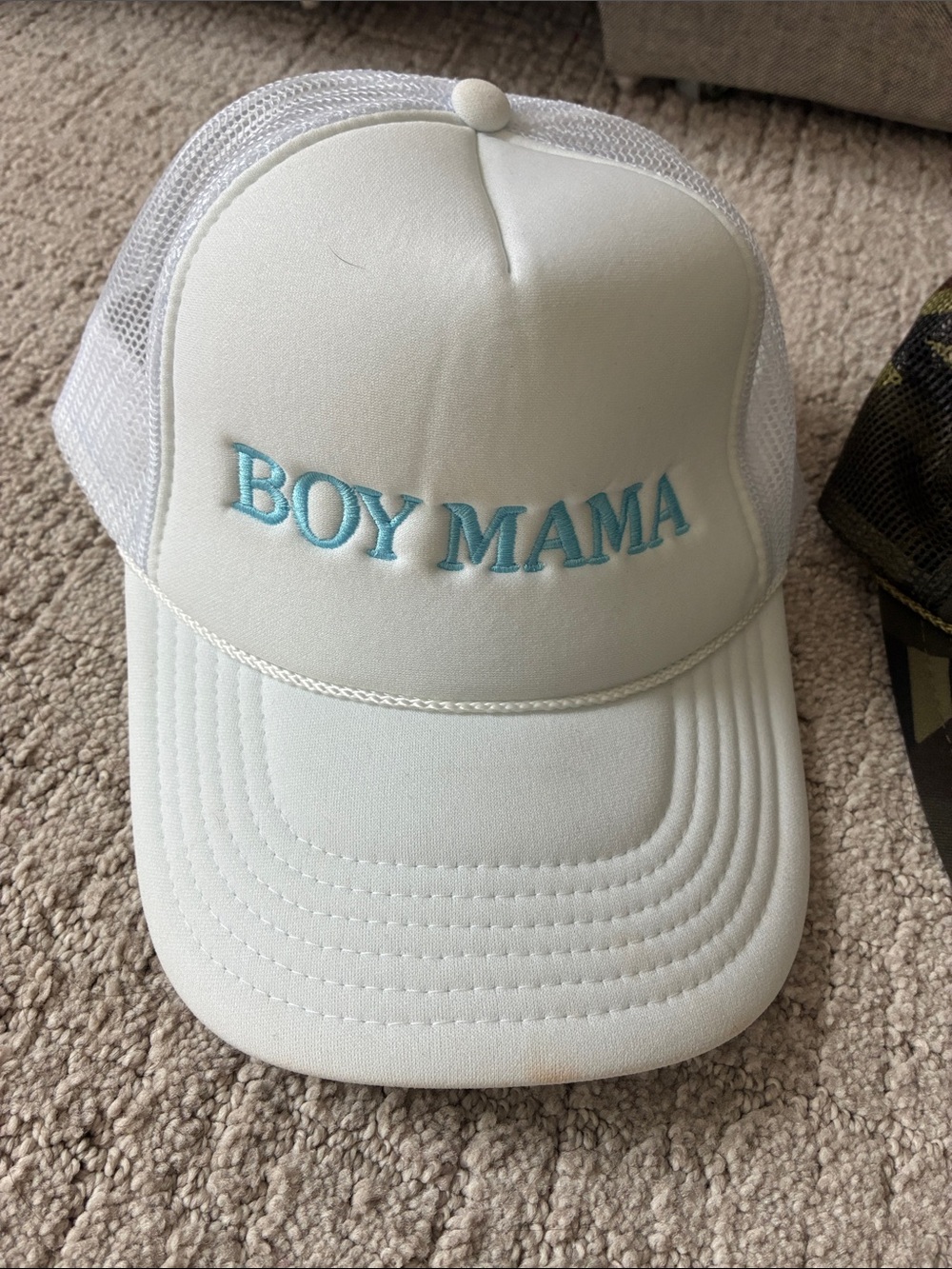 White "Boy Mama" Kids Trucker Hat with Blue Embroidery